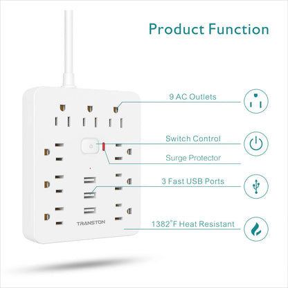 Power Outlet with Surge Protector, 9 sockets 3 USB Ports,5ft Extension Cord, Quick Charge, For Home and Office,White