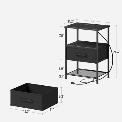 2-Piece Night Stand Set with Charging Station, LED Lights, Fabric Drawer & 3-Tier Shelves for Bedroom - Black