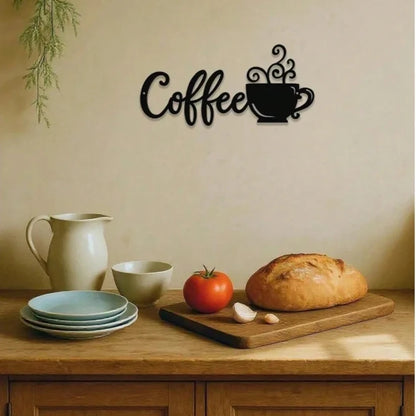 Matte Black Metal Wall Art Sign - Minimalist Coffee Cup Design