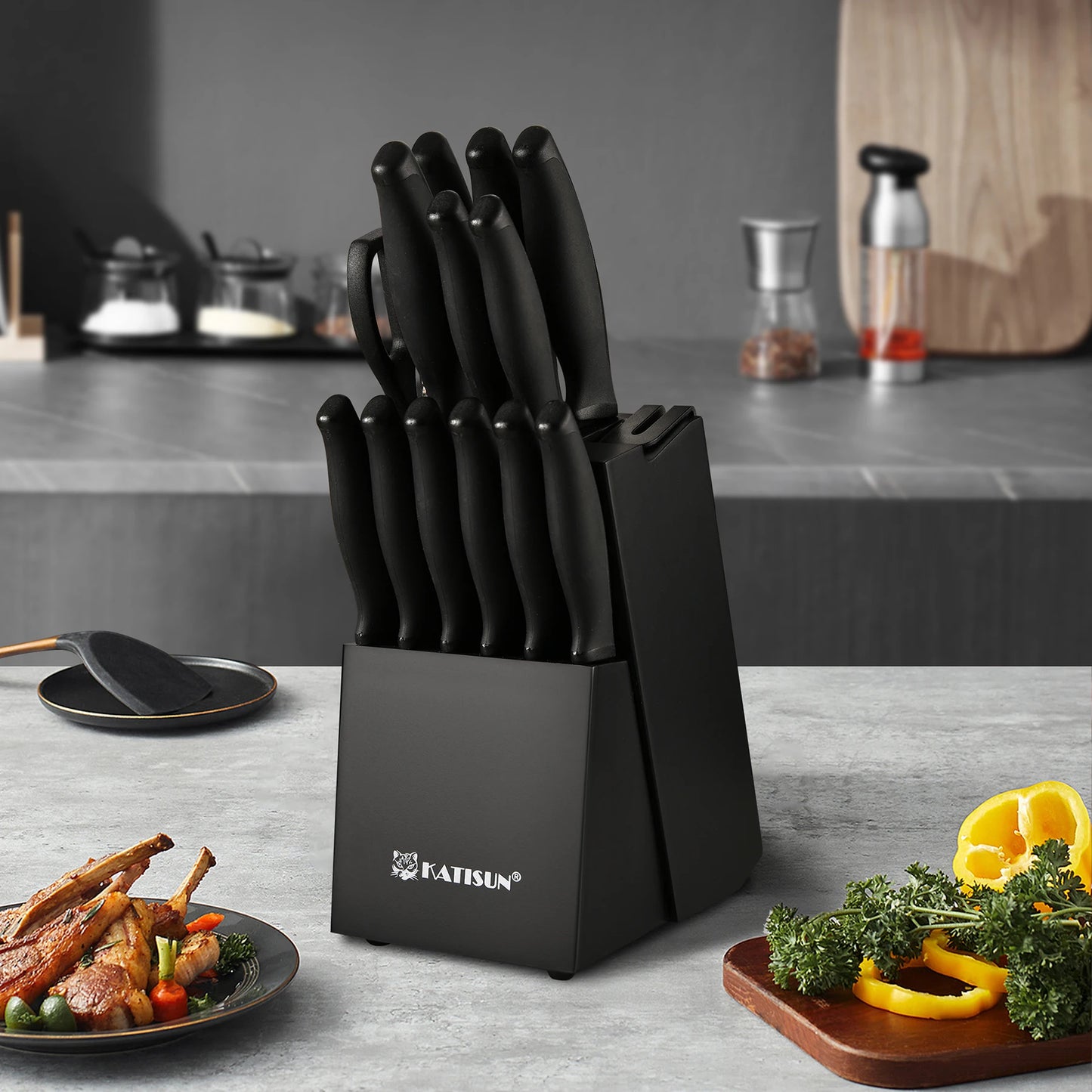 15 Pieces Carbon Steel Kitchen Knife Block Set, Built-in Knife Sharpener