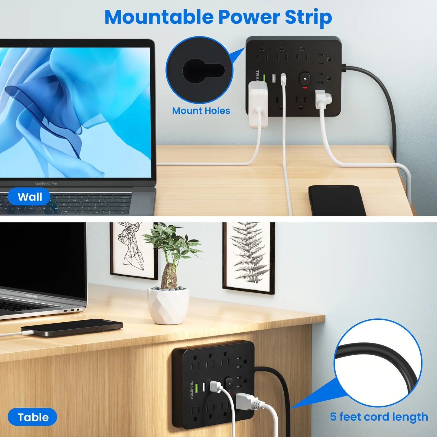 Power Outlet with Surge Protector, 9 power strip 3 USB Ports, 5ft Extension Cord, Quick Charge