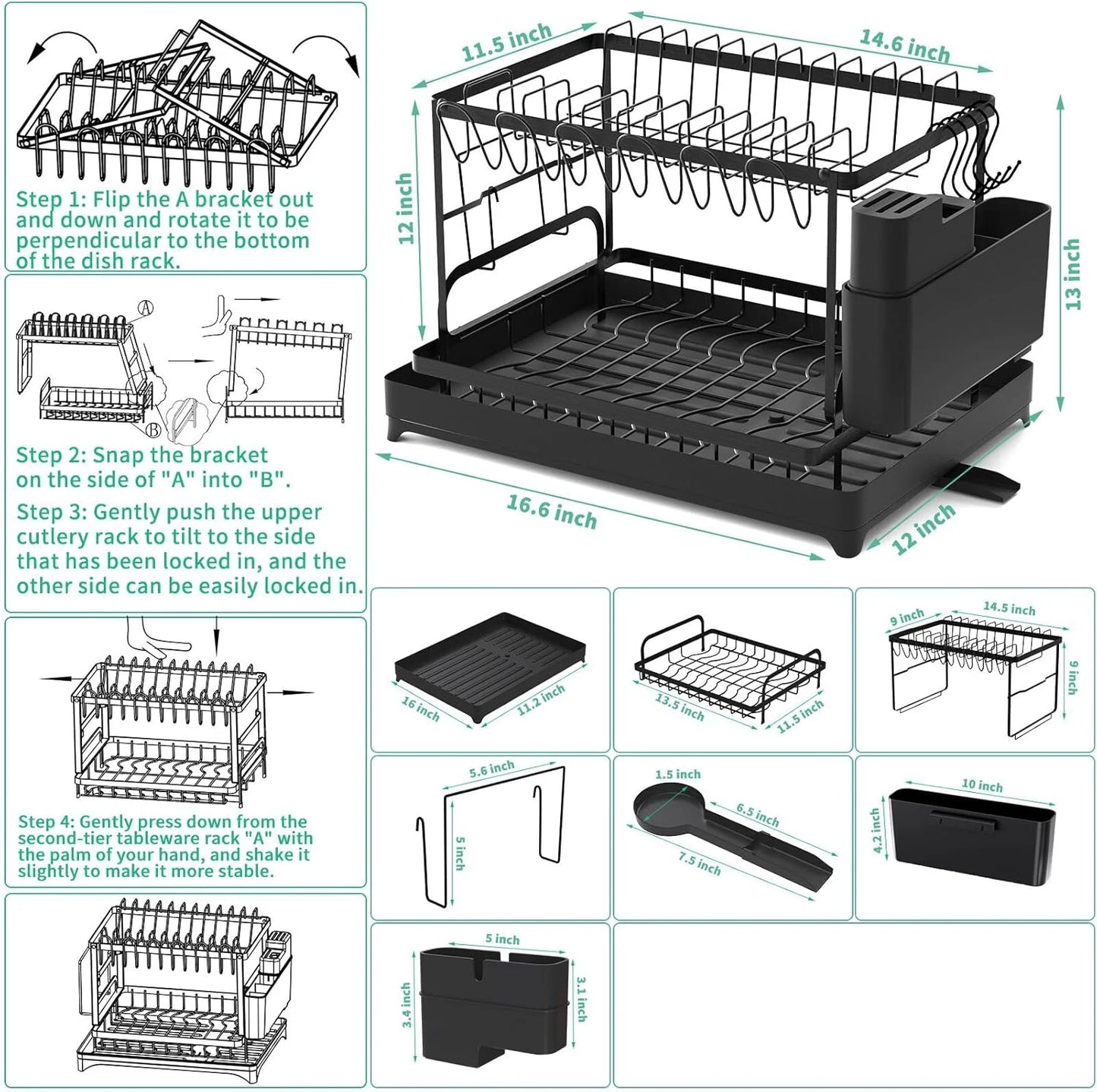 Kitchen countertop 2-tier dish drying rack, kitchen countertop dish drainer with drip tray, metal kitchen dish rack with drip tray