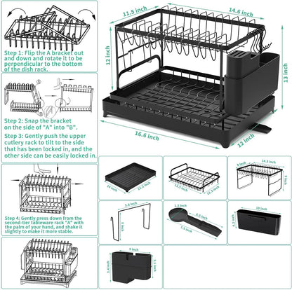 Kitchen countertop 2-tier dish drying rack, kitchen countertop dish drainer with drip tray, metal kitchen dish rack with drip tray