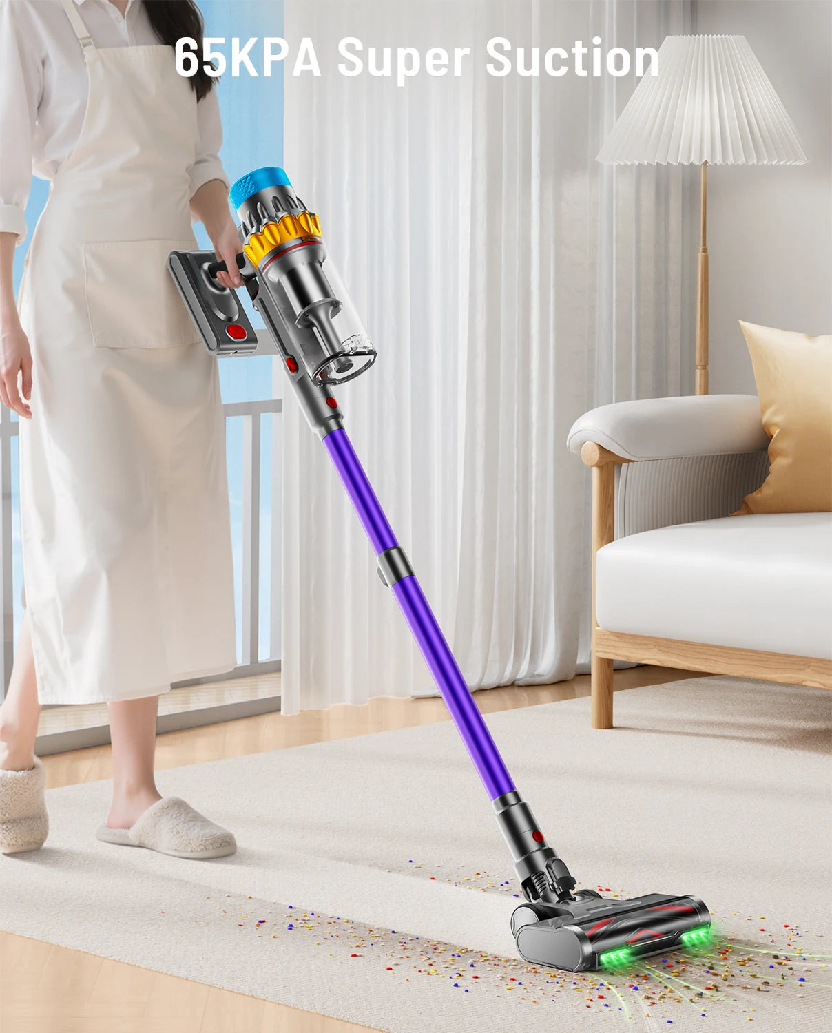 Cordless Vacuum Cleaner 65KPA Strong Suction for Pet Hair and Carpet 70Mins Runtime Household cleaning