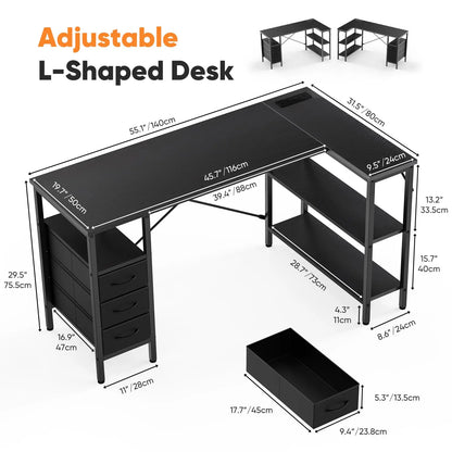 L Shaped Desk with Shelf Drawers 55 Inch Corner Computer Desk