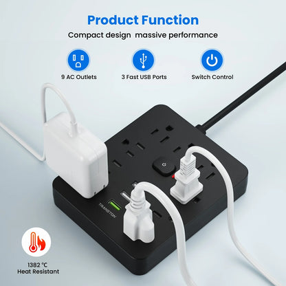 Power Outlet with Surge Protector, 9 power strip 3 USB Ports, 5ft Extension Cord, Quick Charge