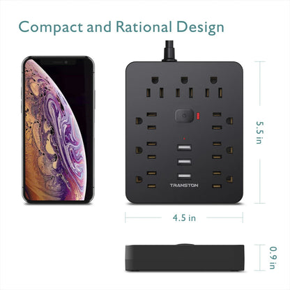 Power Outlet with Surge Protector, 9 power strip 3 USB Ports, 5ft Extension Cord, Quick Charge