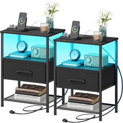2-Piece Night Stand Set with Charging Station, LED Lights, Fabric Drawer & 3-Tier Shelves for Bedroom - Black