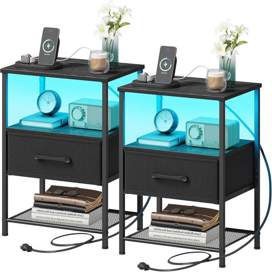 2-Piece Night Stand Set with Charging Station, LED Lights, Fabric Drawer & 3-Tier Shelves for Bedroom - Black