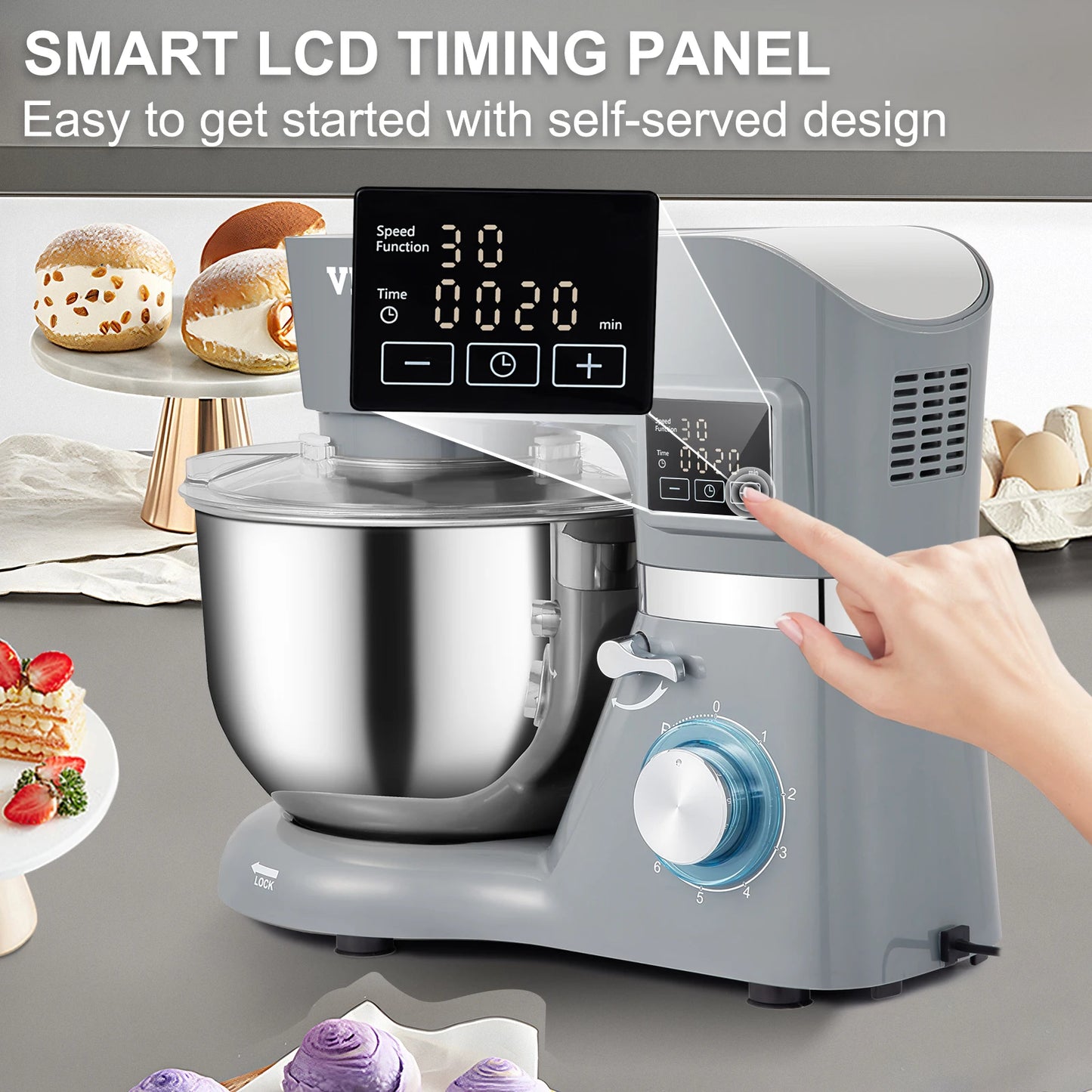 Stand Mixer Electric Dough Mixer with 6 Speeds LCD Screen Timing 5.8 Qt Stainless Steel Bowl