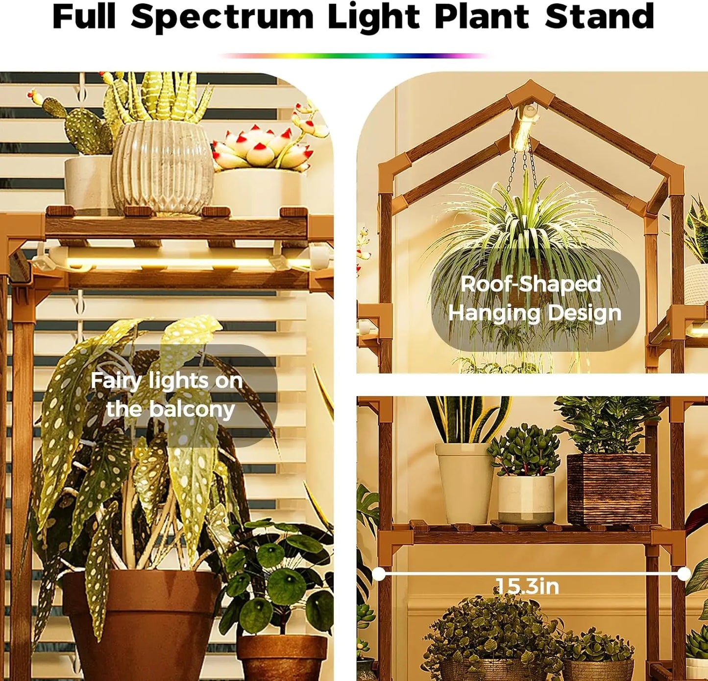 Wood Plant Shelf with Grow Lights for Indoor Hanging Planter